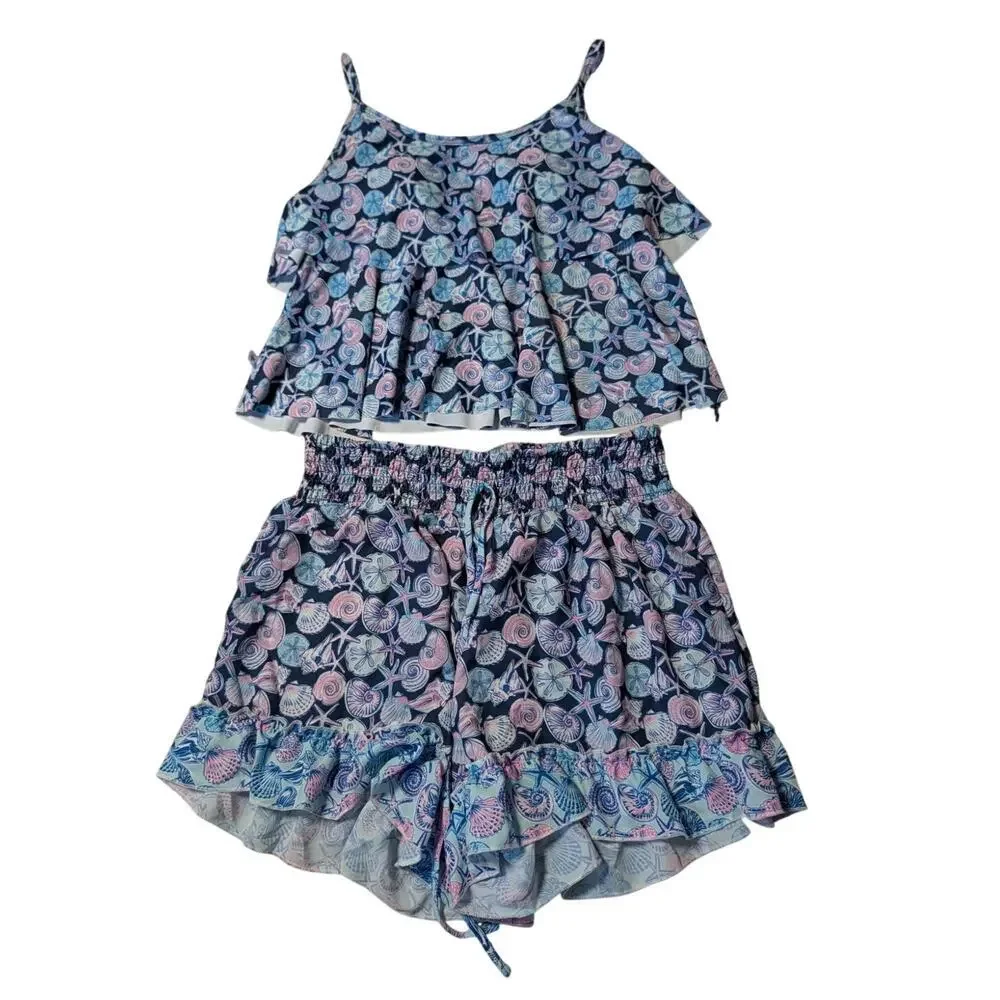 Simply Southern Womens Size M Blue Shell Bee Tankini Top, skort Swimsuit Set